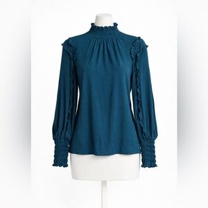 Max Studio Blue High Neck Ruffle Blouse Balloon Sleeve Smocked Cuff Size M